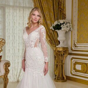 NF New Off White Trumpet Wedding Mesh Gown w/ Floral Lace & Long Sleeves GL3659